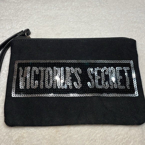 Victoria's Secret Black Makeup Bag/ Wristlet with Silver Sequin Accents - Picture 2 of 6